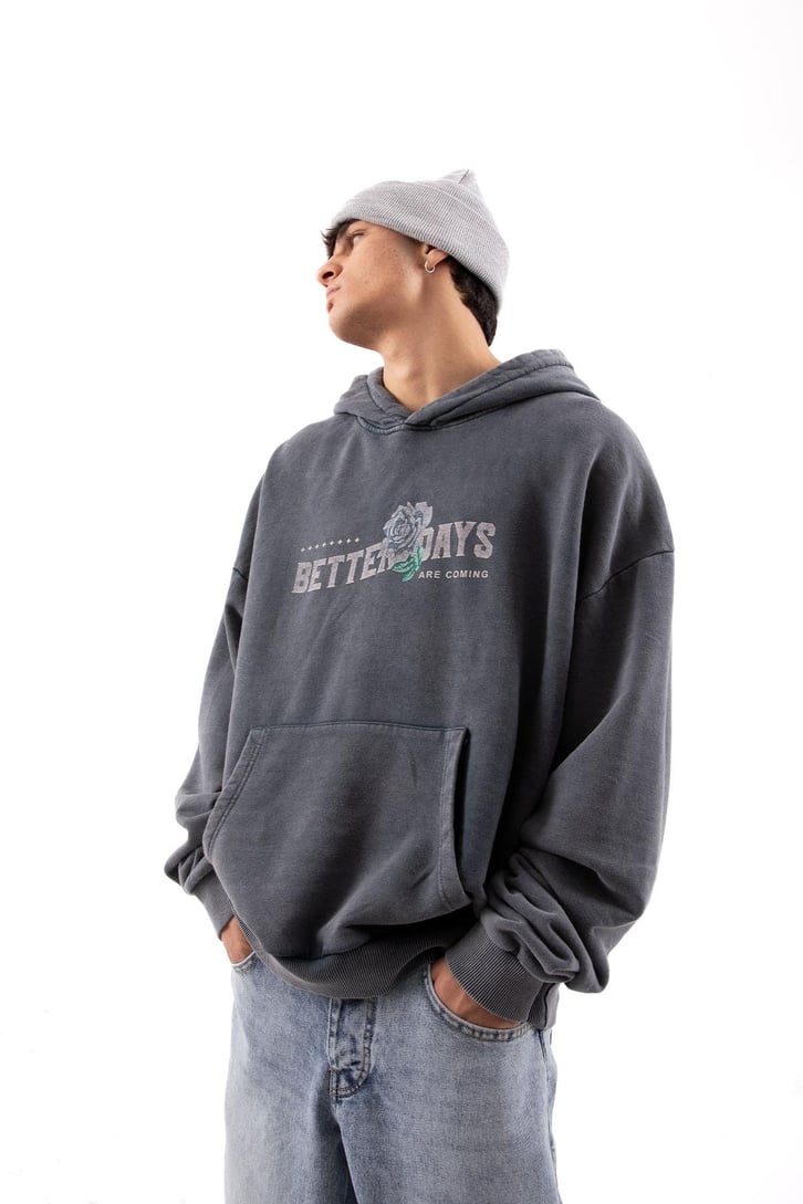 Better Days Baskılı Acid Wash Oversize Hoodie