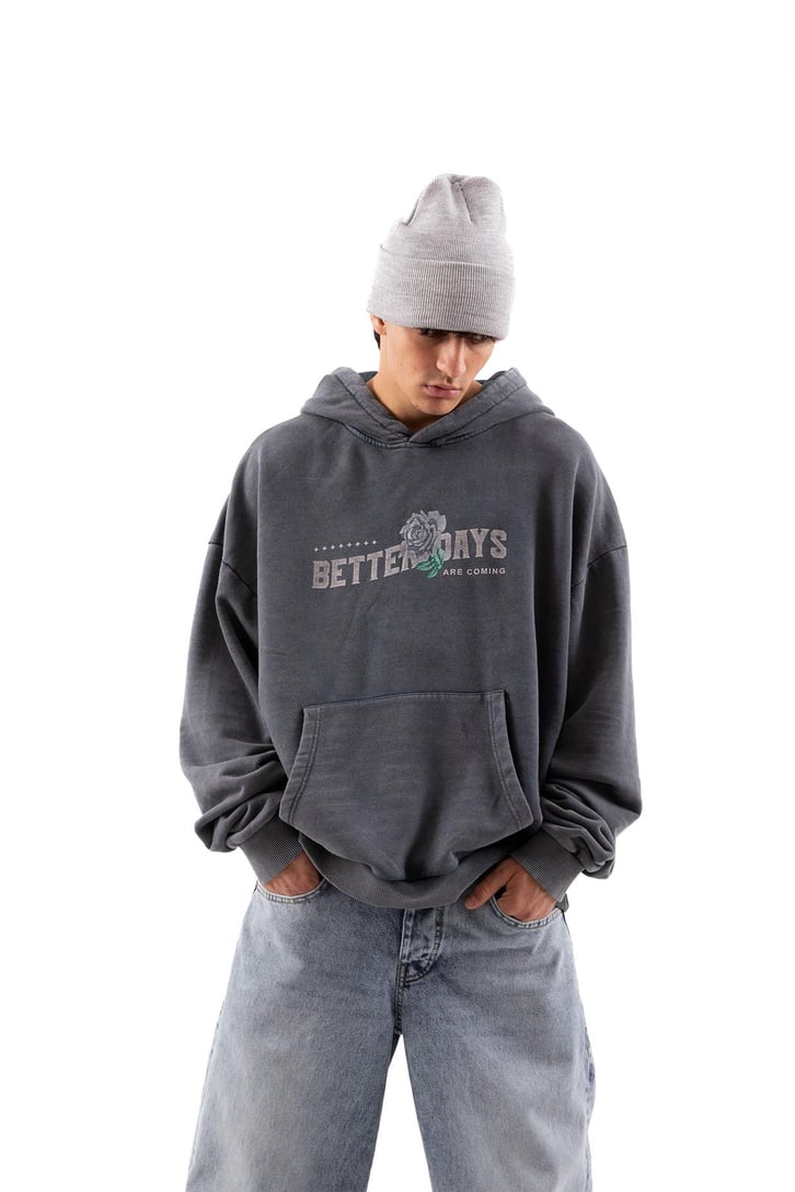 Better Days Baskılı Acid Wash Oversize Hoodie