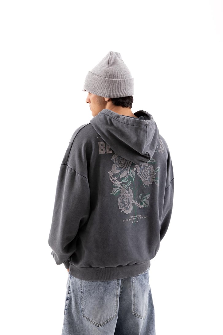 Better Days Baskılı Acid Wash Oversize Hoodie