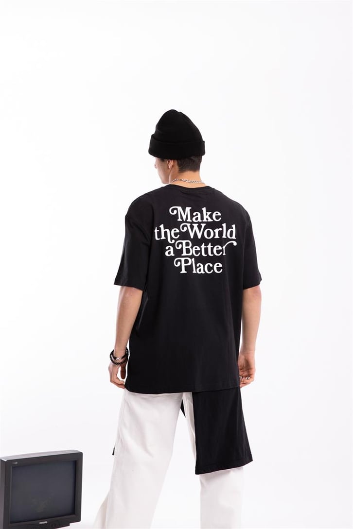 Better Place Baskılı Siyah Oversize Tişört