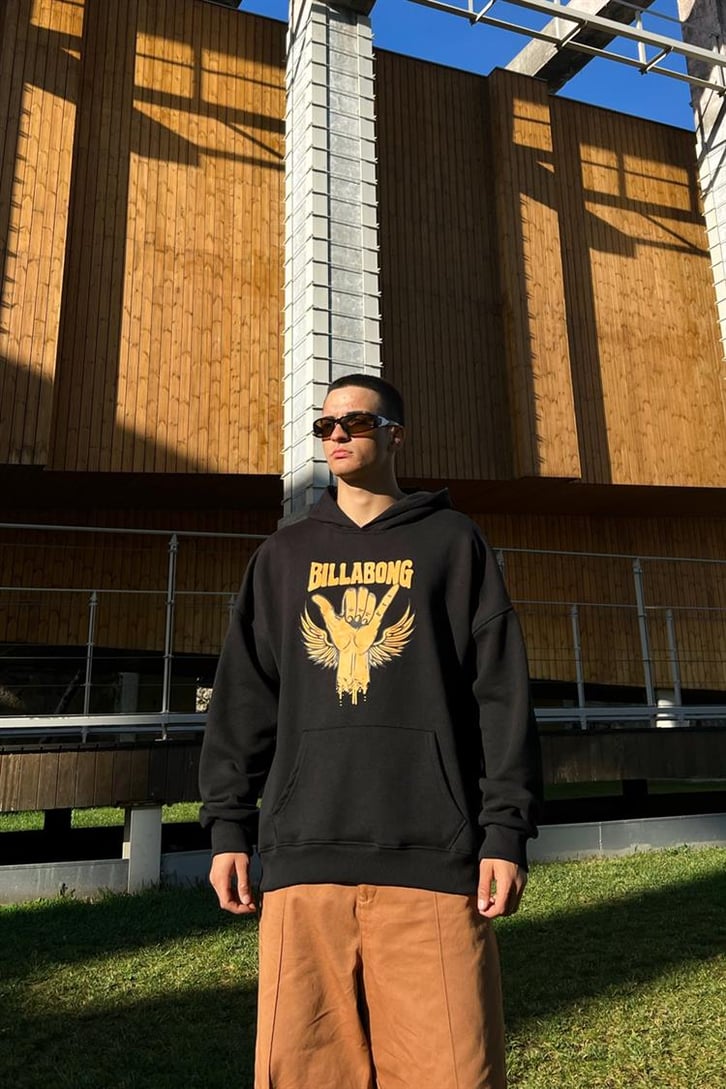 Billabong Baskılı Siyah İçi Pamuklu Oversize Hoodie