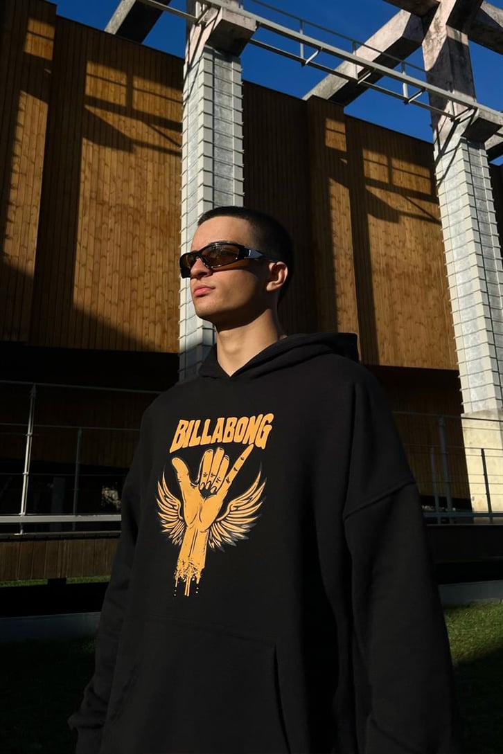 Billabong Baskılı Siyah İçi Pamuklu Oversize Hoodie