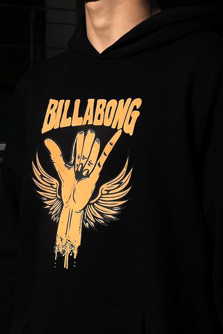 Billabong Baskılı Siyah İçi Pamuklu Oversize Hoodie