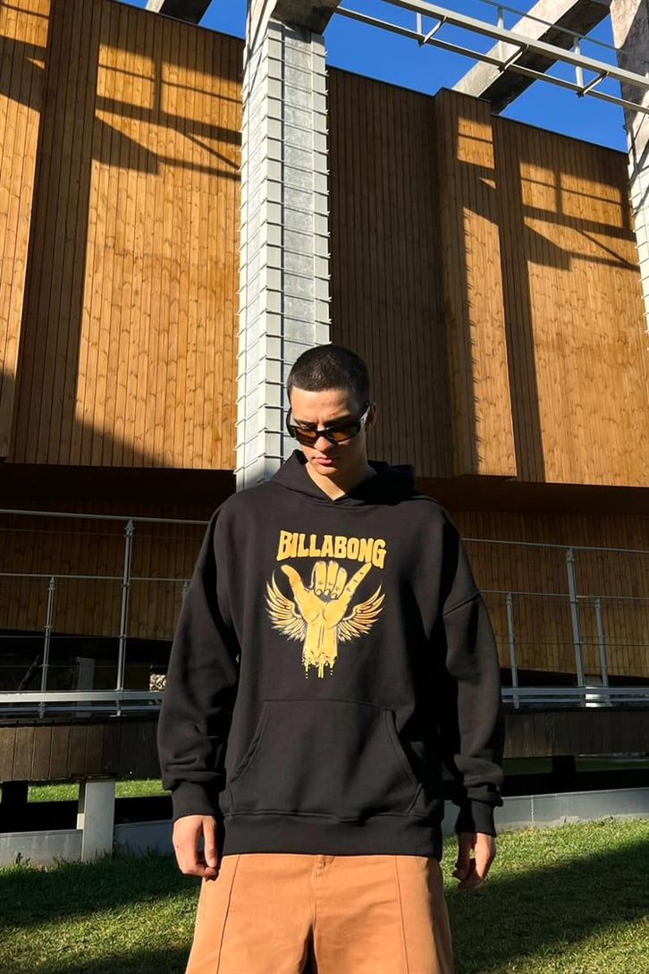 Billabong Baskılı Siyah İçi Pamuklu Oversize Hoodie