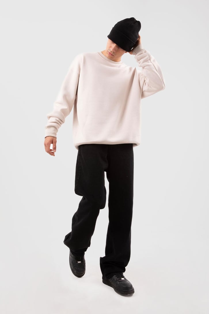 Bisiklet Yaka Basic Beyaz Sweatshırt