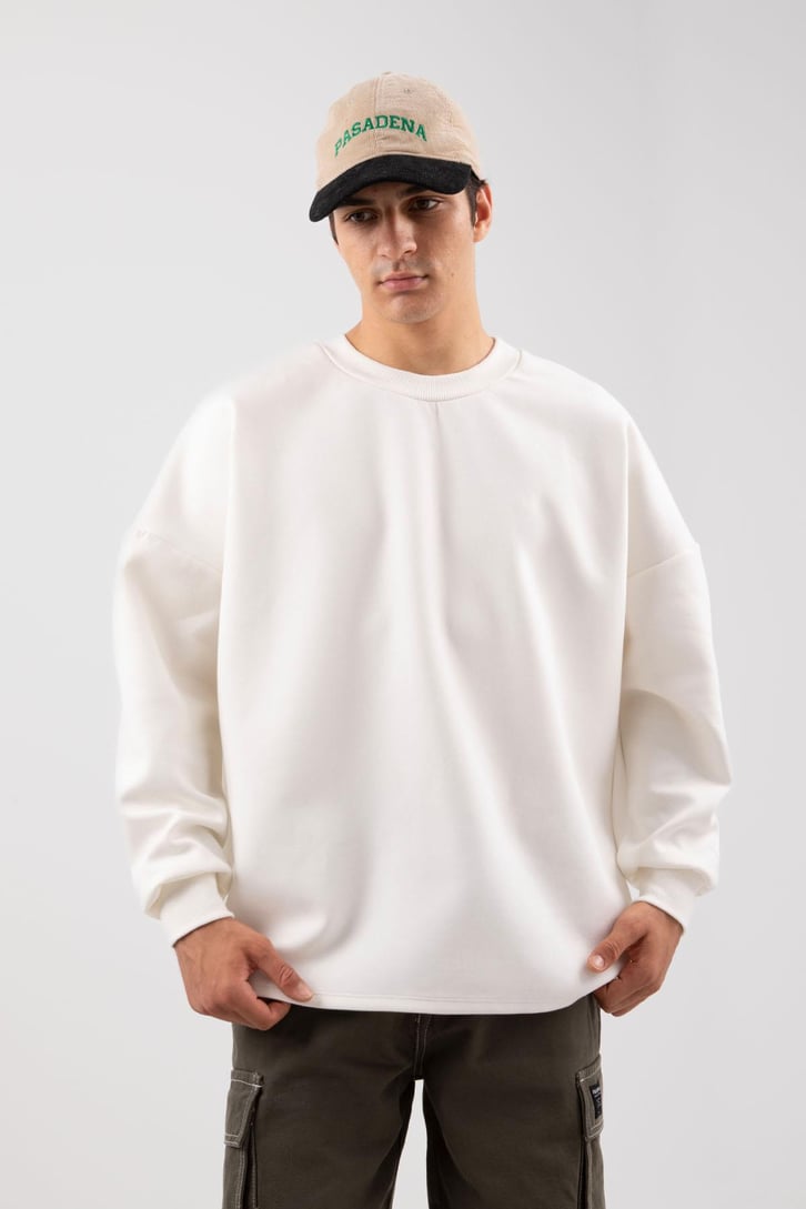 Bisiklet Yaka Basic Ekru Oversize Sweatshirt