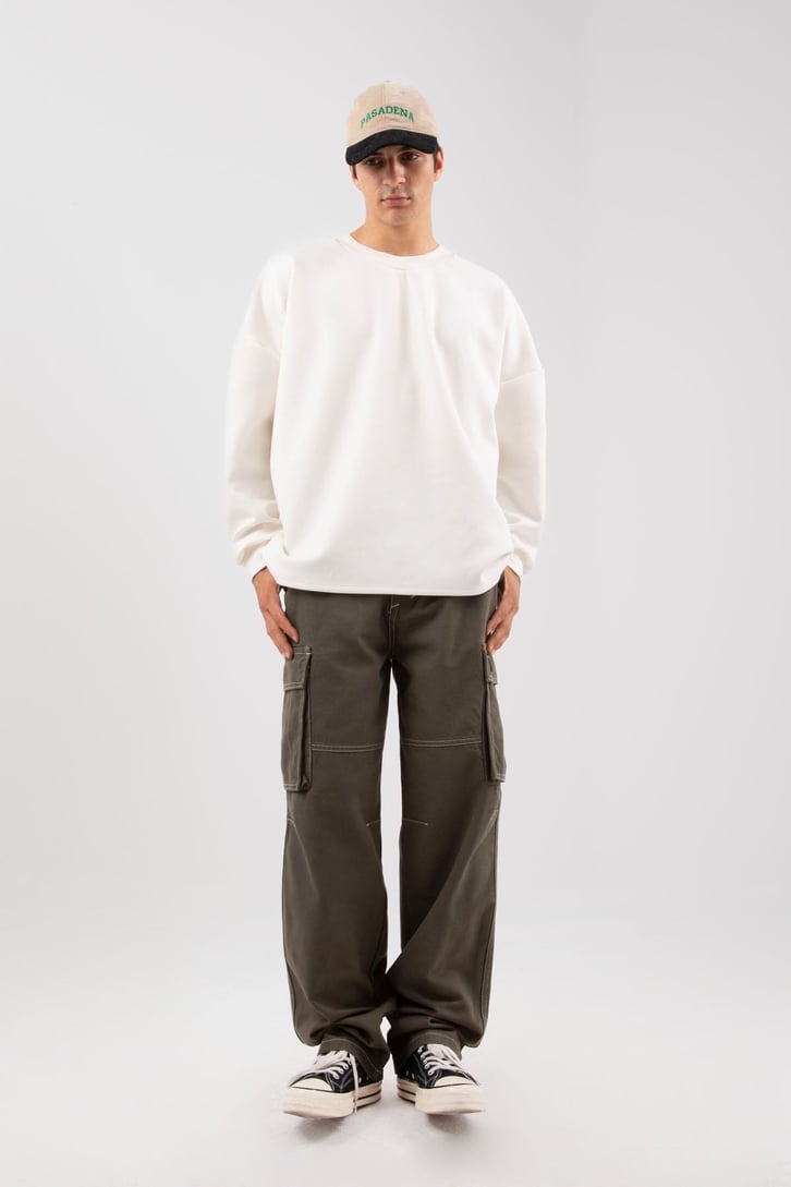 Bisiklet Yaka Basic Ekru Oversize Sweatshirt