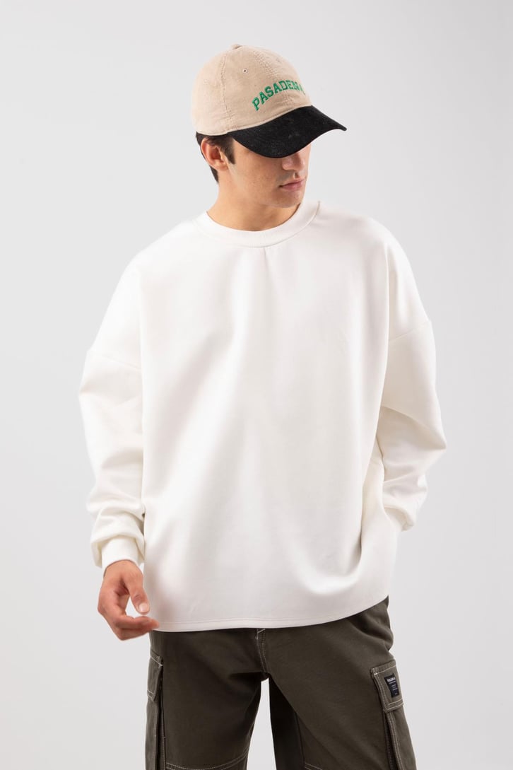 Bisiklet Yaka Basic Ekru Oversize Sweatshirt