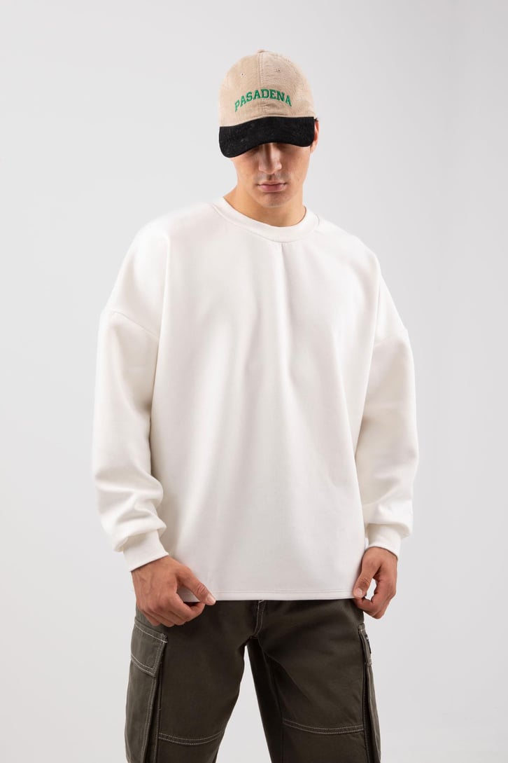Bisiklet Yaka Basic Ekru Oversize Sweatshirt