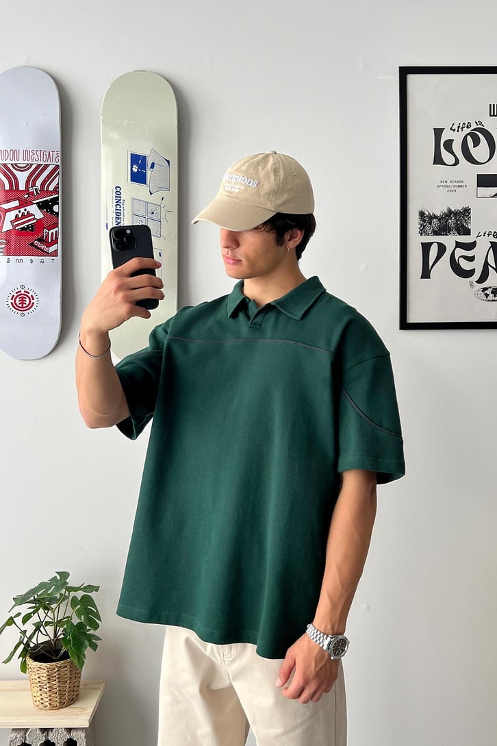 Biye Geçiş Polo Yaka Oversize Tişört