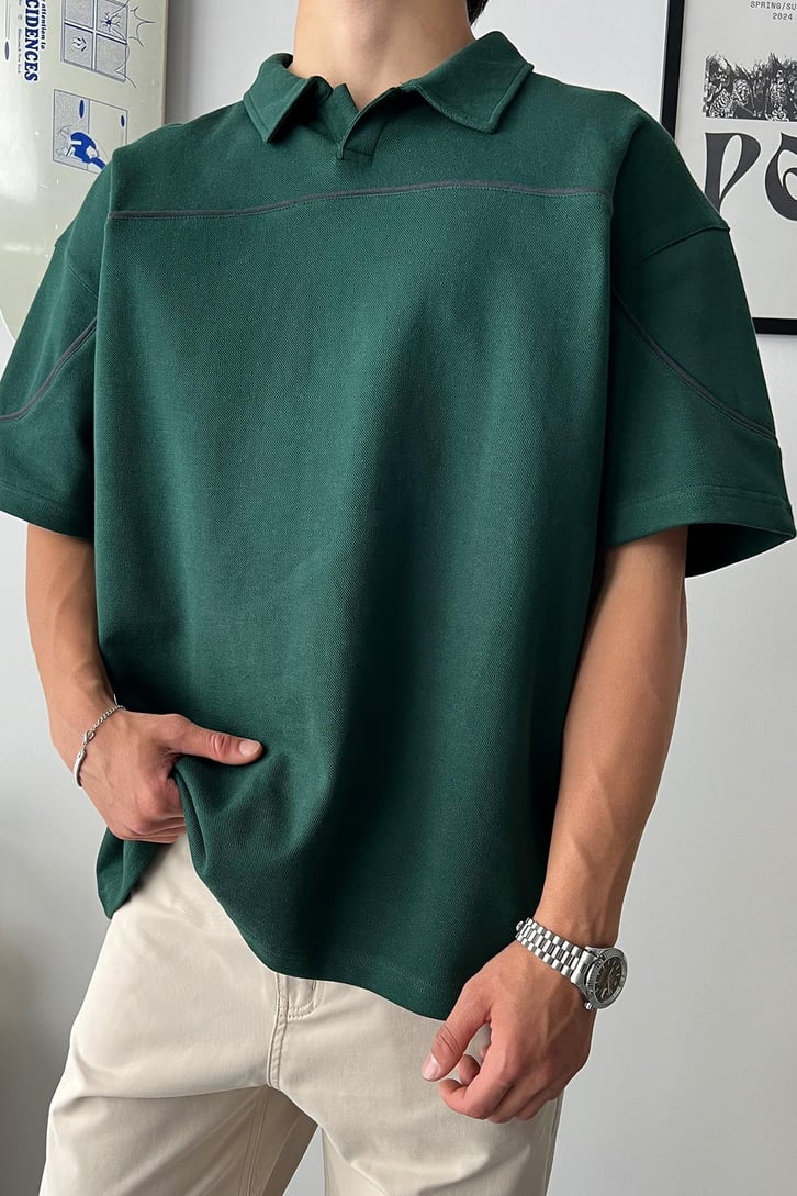 Biye Geçiş Polo Yaka Oversize Tişört