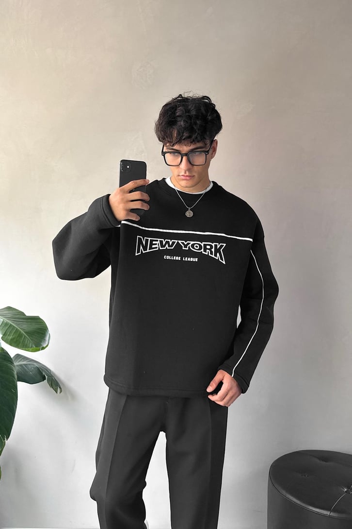 Biye Geçişli Baskılı Oversize Sweatshirt