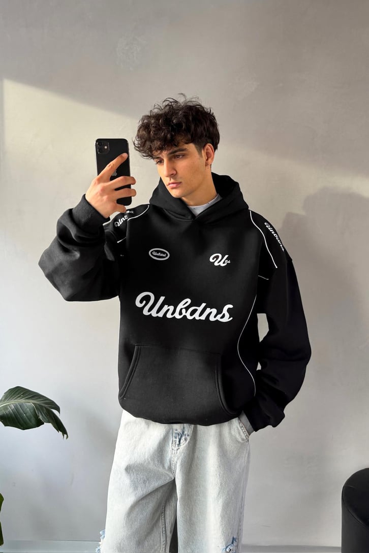 Biyeli Ön Baskılı Oversize Hoodie