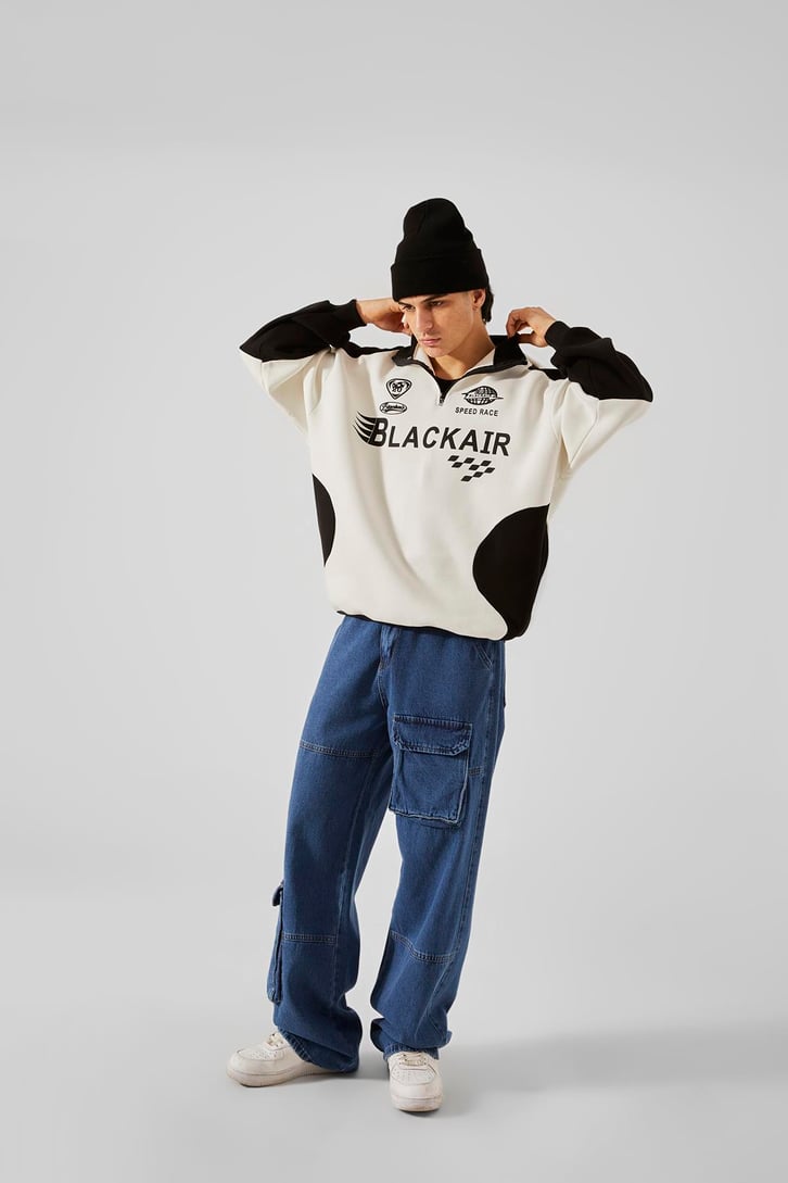 Black Air Baskılı Yarım Fermuar Beyaz Oversize Sweatshirt