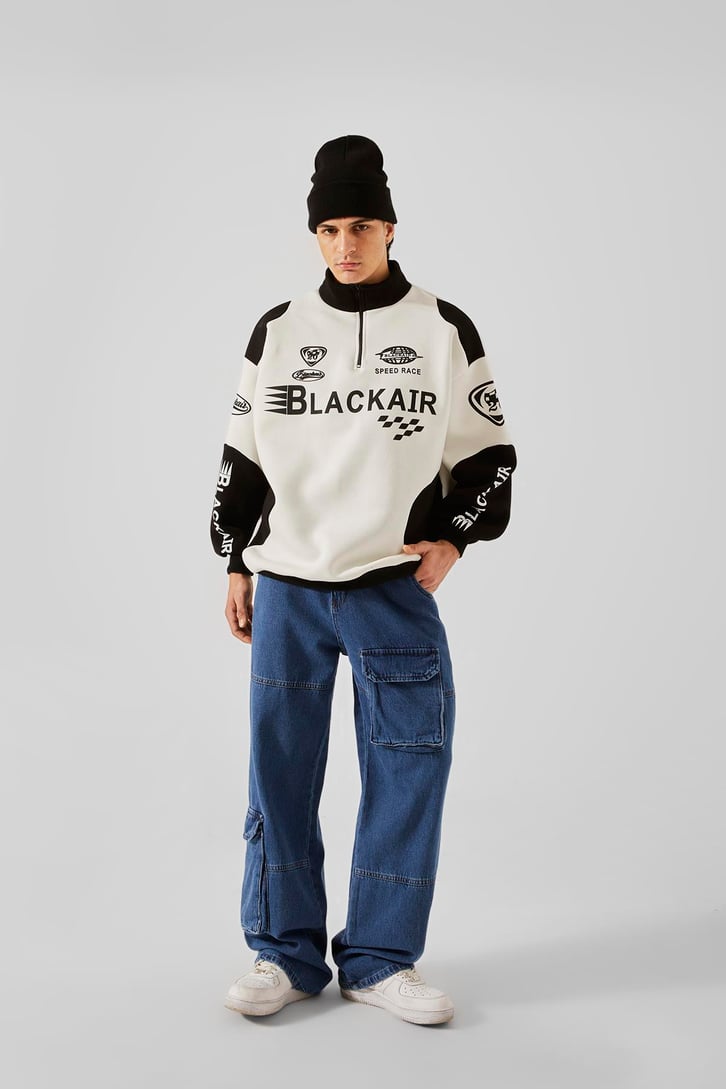 Black Air Baskılı Yarım Fermuar Beyaz Oversize Sweatshirt