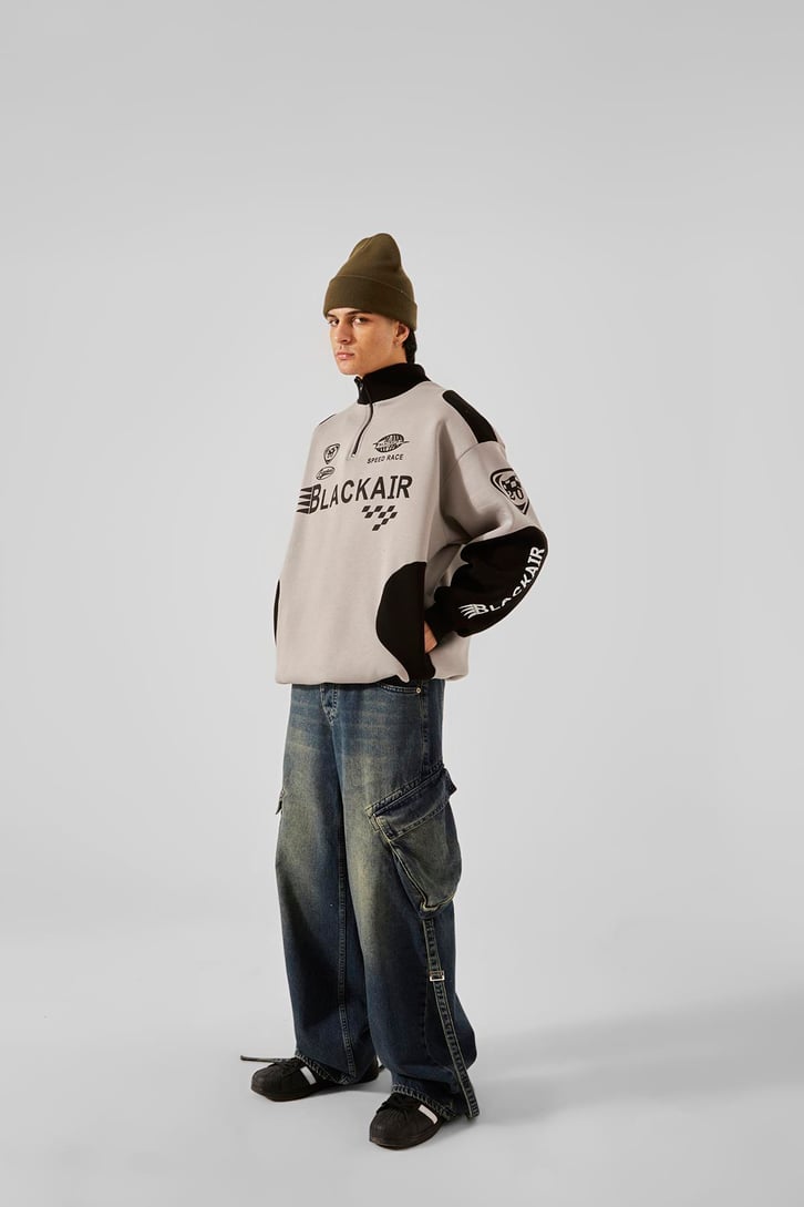 Black Air Baskılı Yarım Fermuar Gri Oversize Sweatshirt