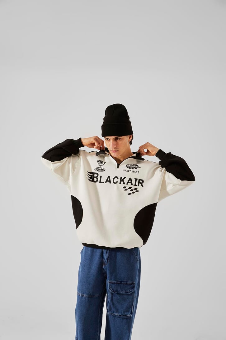 Black Air Baskılı Yarım Fermuar Gri Oversize Sweatshirt