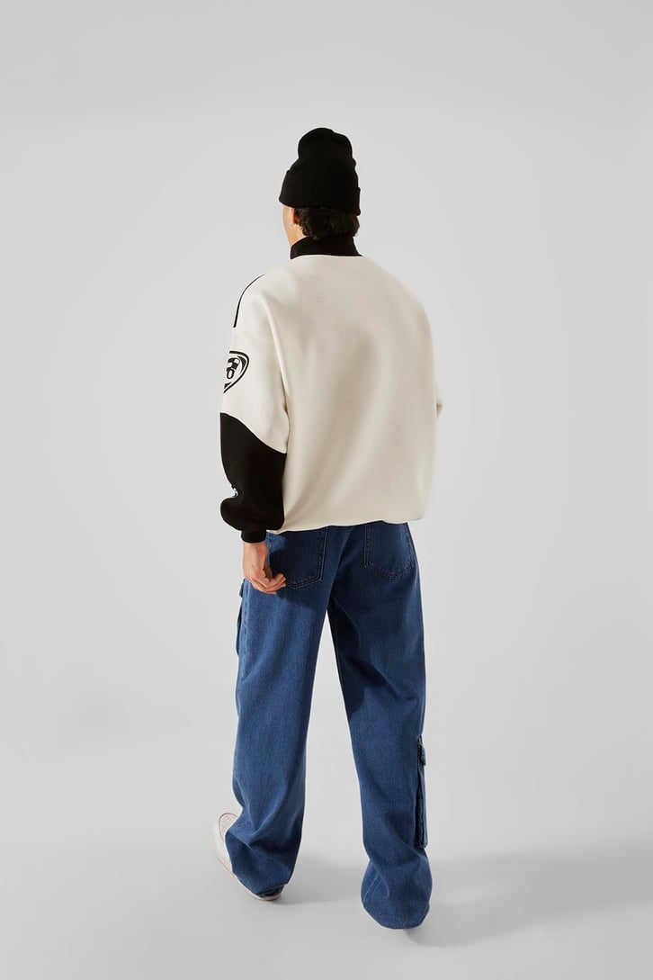 Black Air Baskılı Yarım Fermuar Gri Oversize Sweatshirt