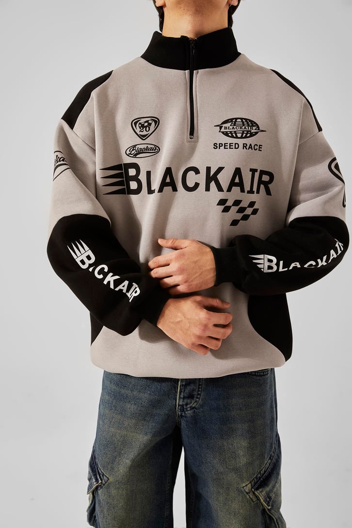 Black Air Baskılı Yarım Fermuar Gri Oversize Sweatshirt