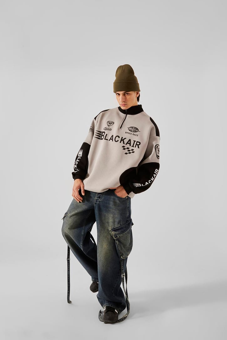 Black Air Baskılı Yarım Fermuar Gri Oversize Sweatshirt