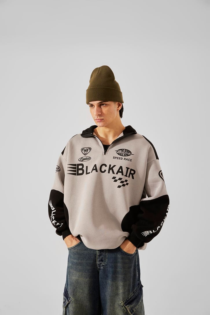 Black Air Baskılı Yarım Fermuar Gri Oversize Sweatshirt