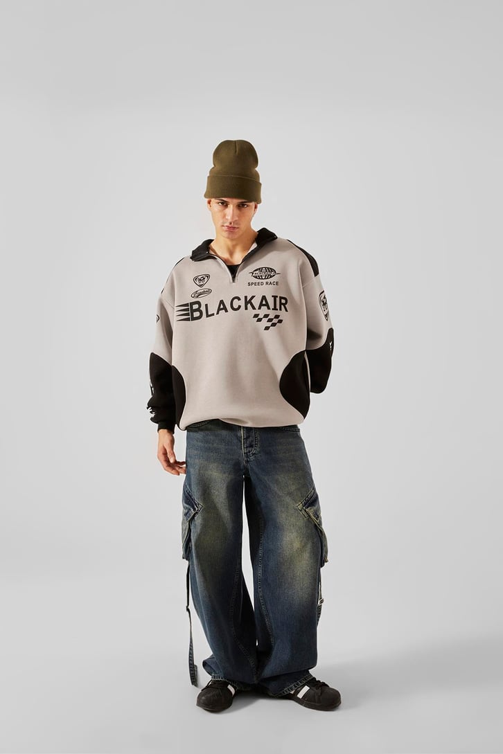 Black Air Baskılı Yarım Fermuar Gri Oversize Sweatshirt