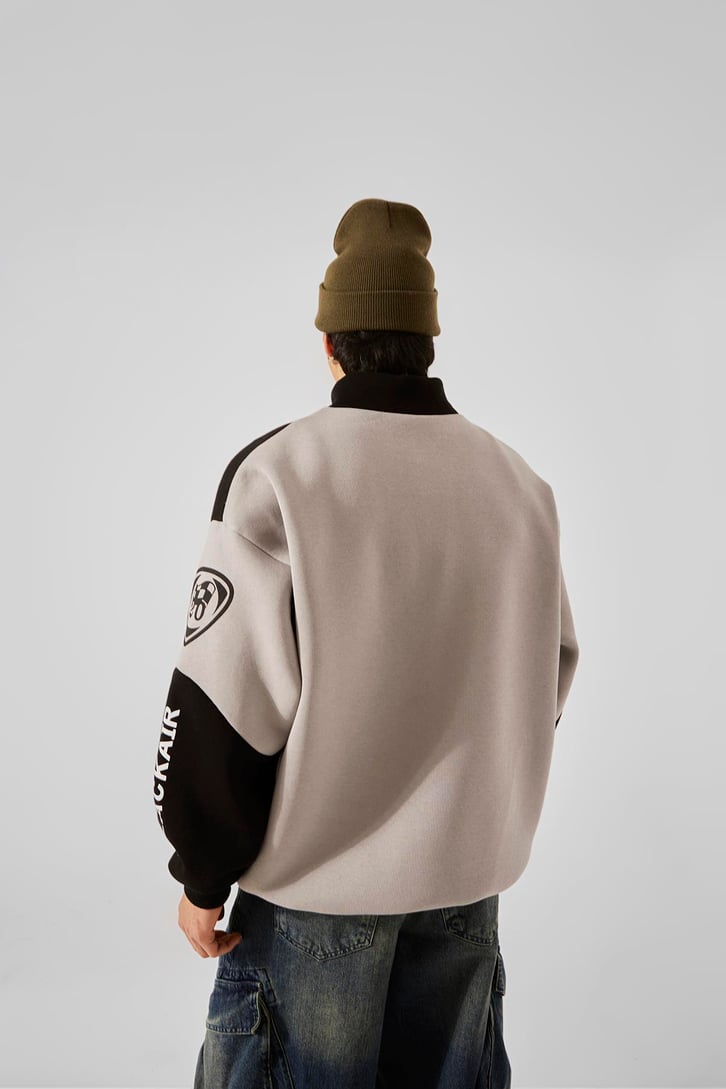 Black Air Baskılı Yarım Fermuar Gri Oversize Sweatshirt