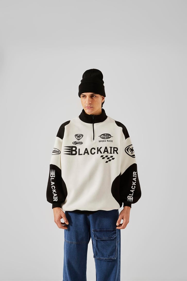 Black Air Baskılı Yarım Fermuar Gri Oversize Sweatshirt