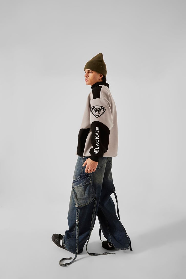 Black Air Baskılı Yarım Fermuar Gri Oversize Sweatshirt