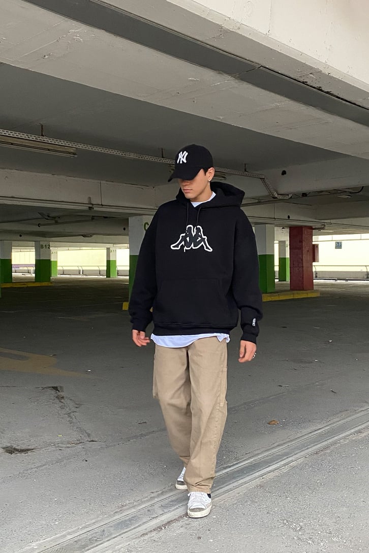 Black Chest Logo Printed Oversize Hoodie