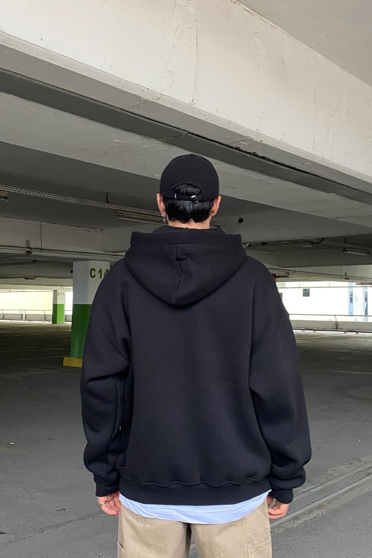 Black Chest Logo Printed Oversize Hoodie