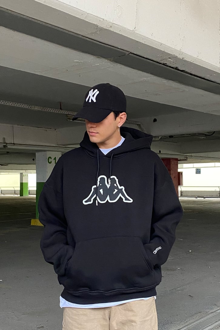 Black Chest Logo Printed Oversize Hoodie