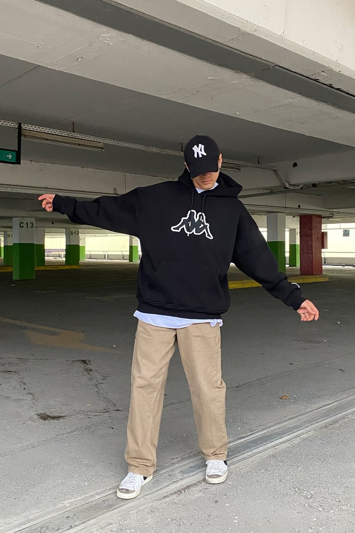 Black Chest Logo Printed Oversize Hoodie