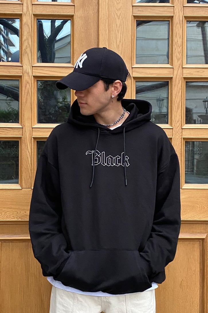 Black Front Printed Oversize Hoodie