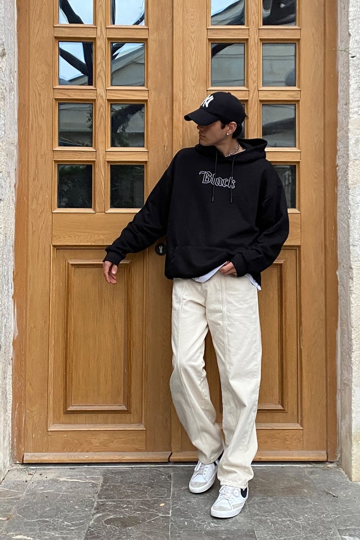 Black Front Printed Oversize Hoodie