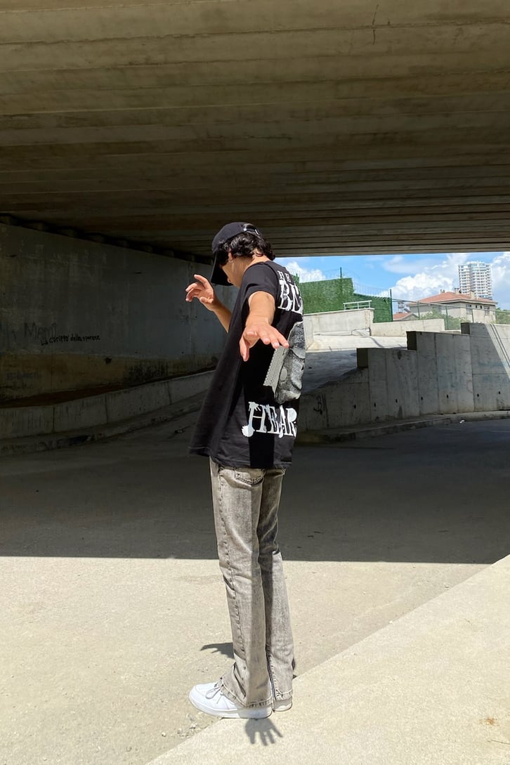 Black Heart Baskılı Siyah Oversize Tshirt