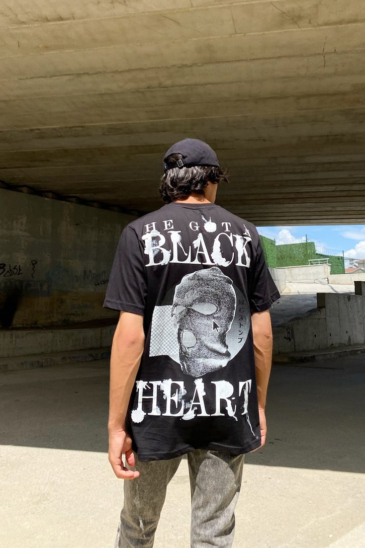 Black Heart Baskılı Siyah Oversize Tshirt