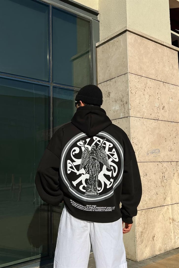 Black Magic Baskılı Siyah Oversize Hoodie