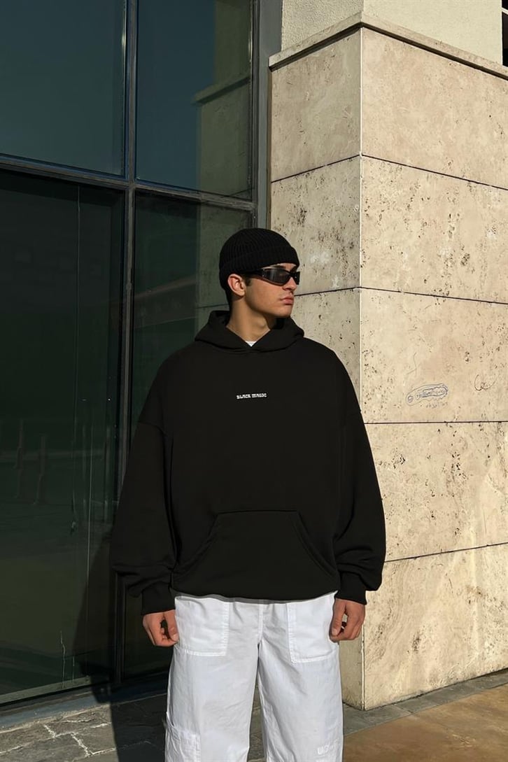 Black Magic Baskılı Siyah Oversize Hoodie