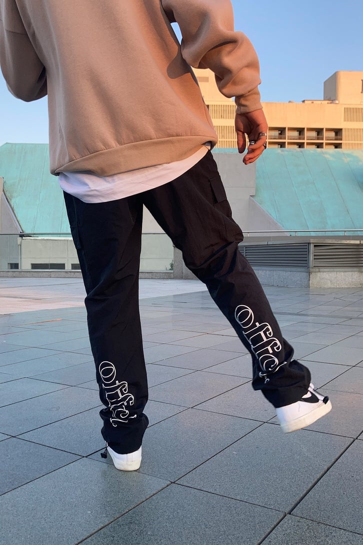 Black Parachute Fabric Printed Elastic Leg Trousers