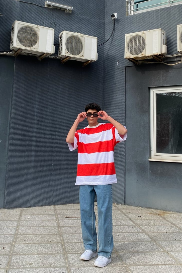 Block Desen Red and White Oversize Tshirt