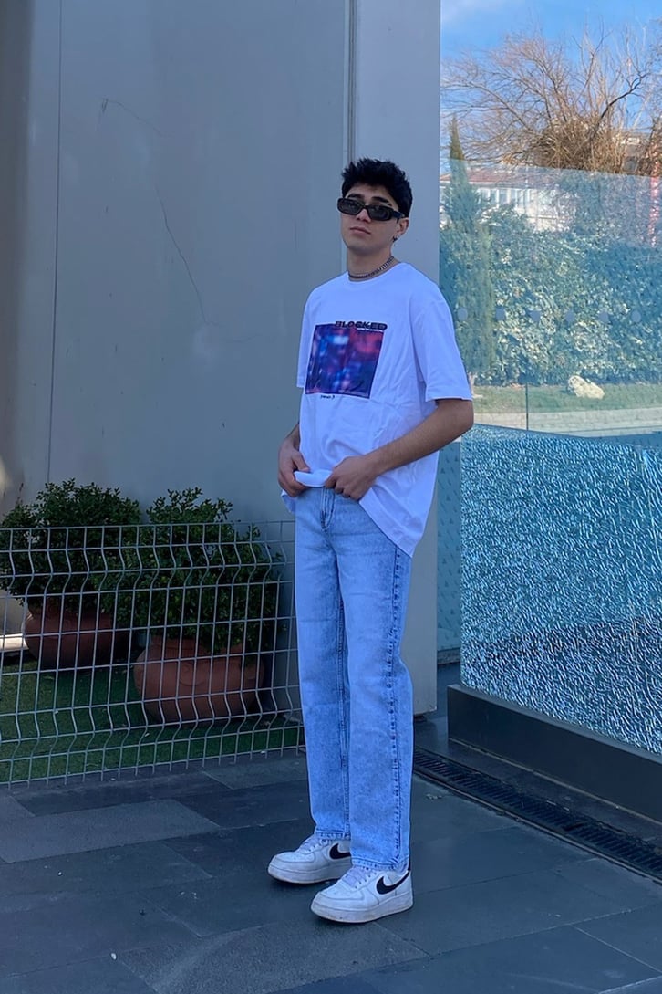 Blocked Printed Beyaz Oversize Premium Tshirt