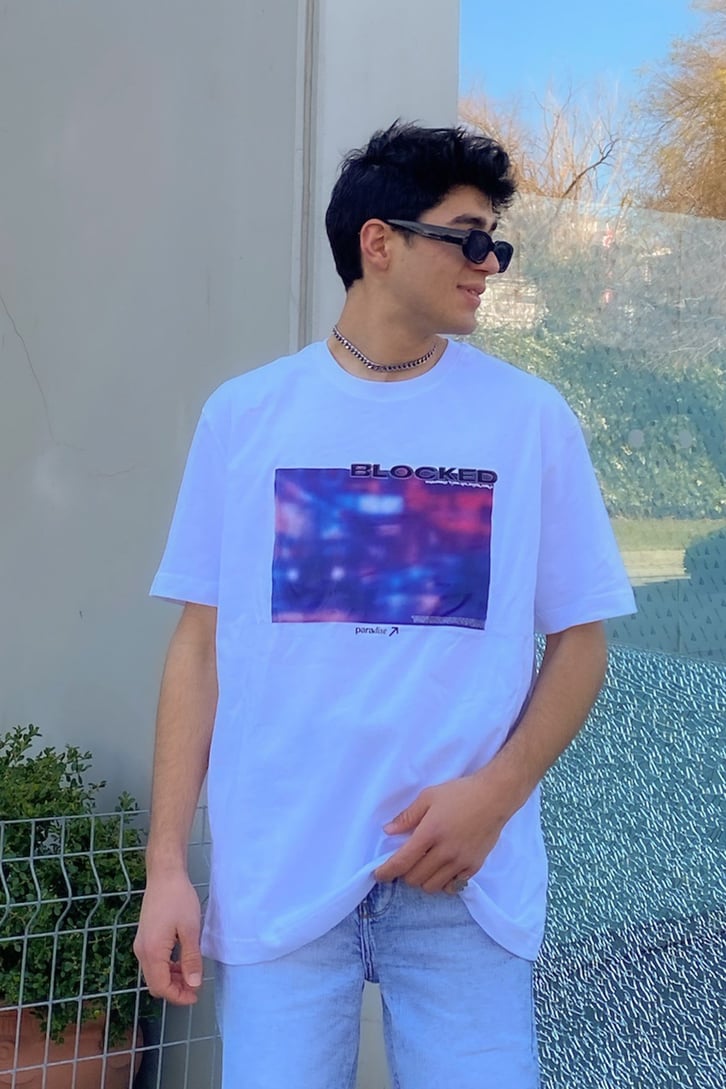 Blocked Printed Beyaz Oversize Premium Tshirt
