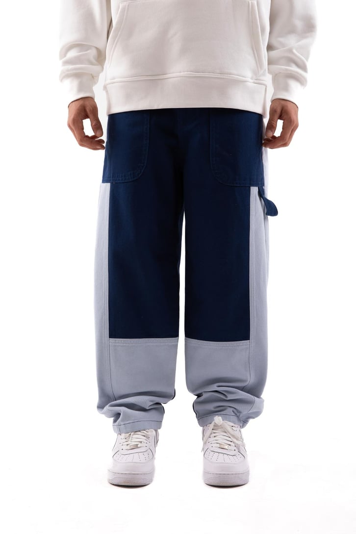 Blok Desenli Mavi Baggy Jean