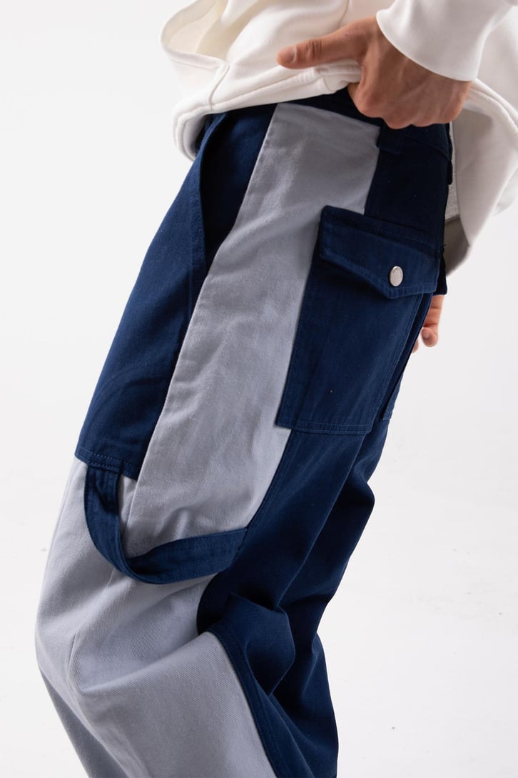 Blok Desenli Mavi Baggy Jean