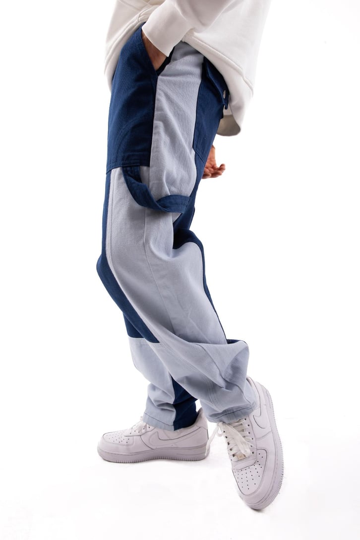 Blok Desenli Mavi Baggy Jean
