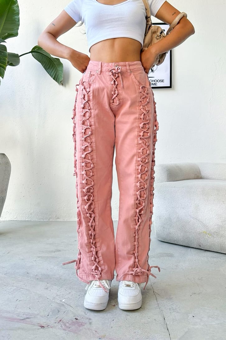 Blok Renkli Bağcık Detay Baggy Jean