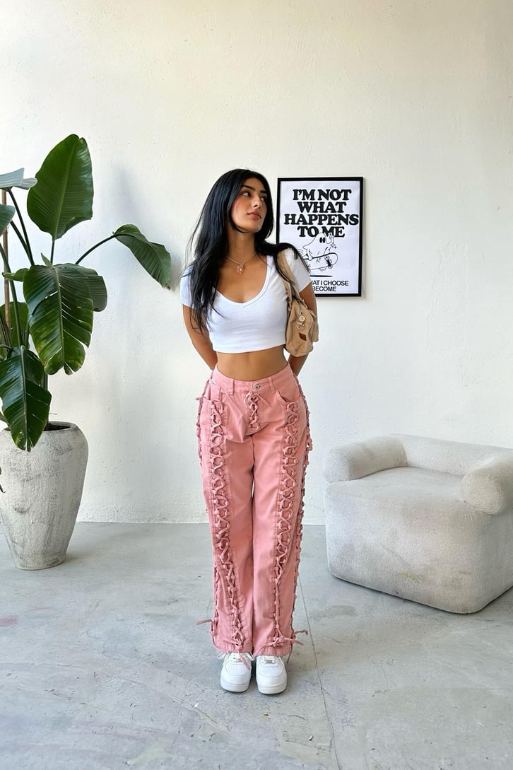 Blok Renkli Bağcık Detay Baggy Jean