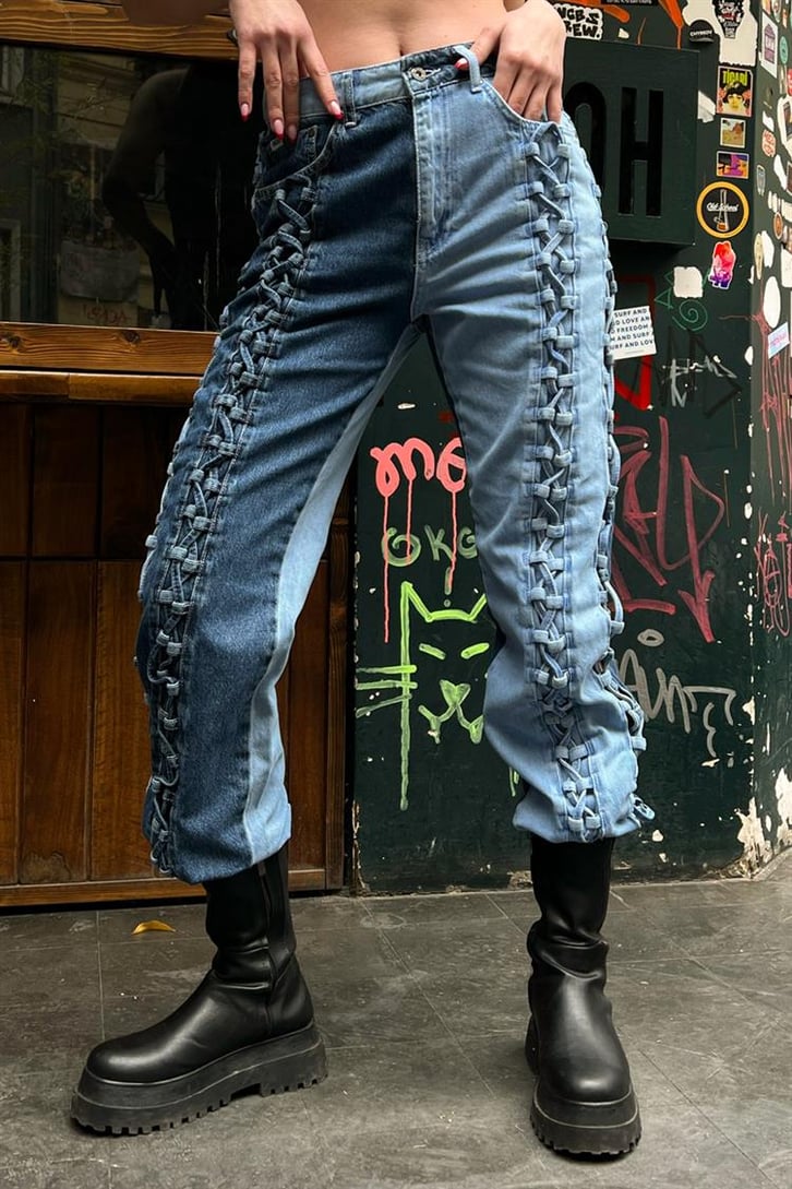 Blok Renkli Bağcık Detay Mavi Baggy Jean