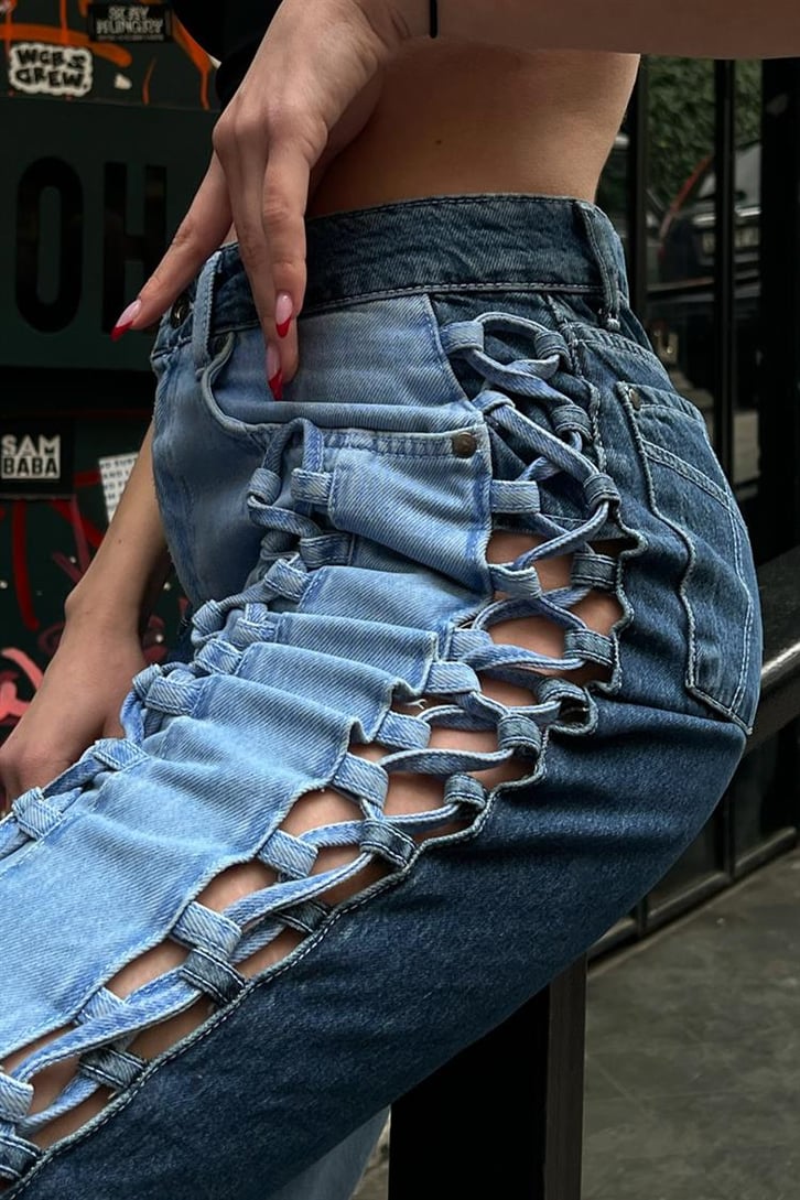 Blok Renkli Bağcık Detay Mavi Baggy Jean